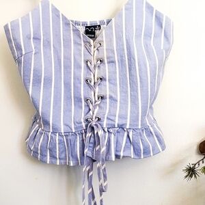 Windsor Blue and White Striped Lace-Up Blouse